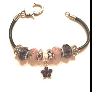 Hand made beaded bracelet, flower charm new purple